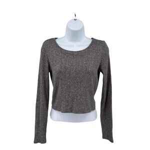 American Eagle T-Shirt Gray Womens S Cropped Ribbed Knit Pullover Long Sleeve